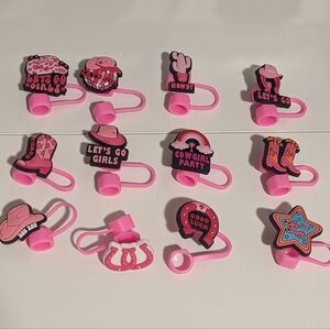 Set Of 12 Pink Cowgirl Themed Silicone Straw Toppers New!